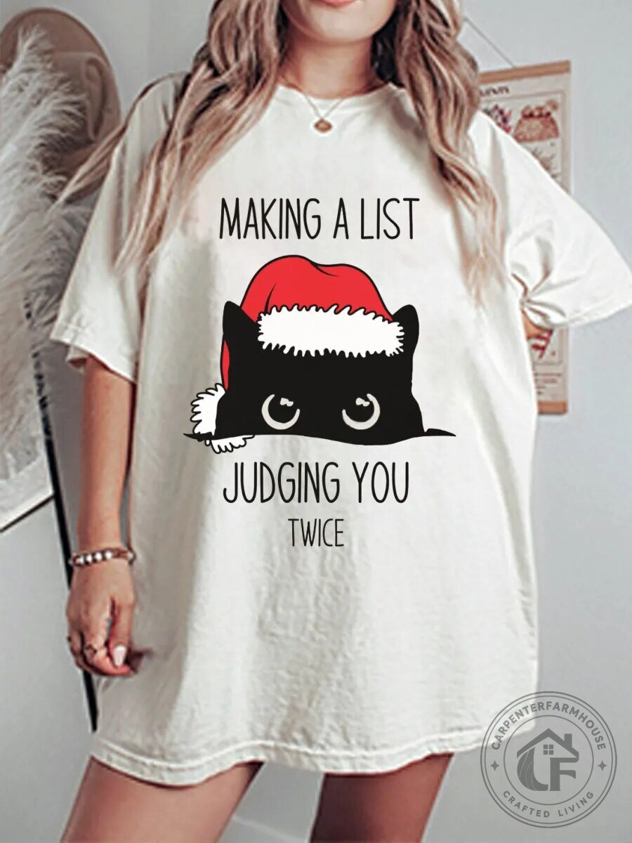 Funny Black Cat Making A List Judging You Twice Christmas T-Shirt