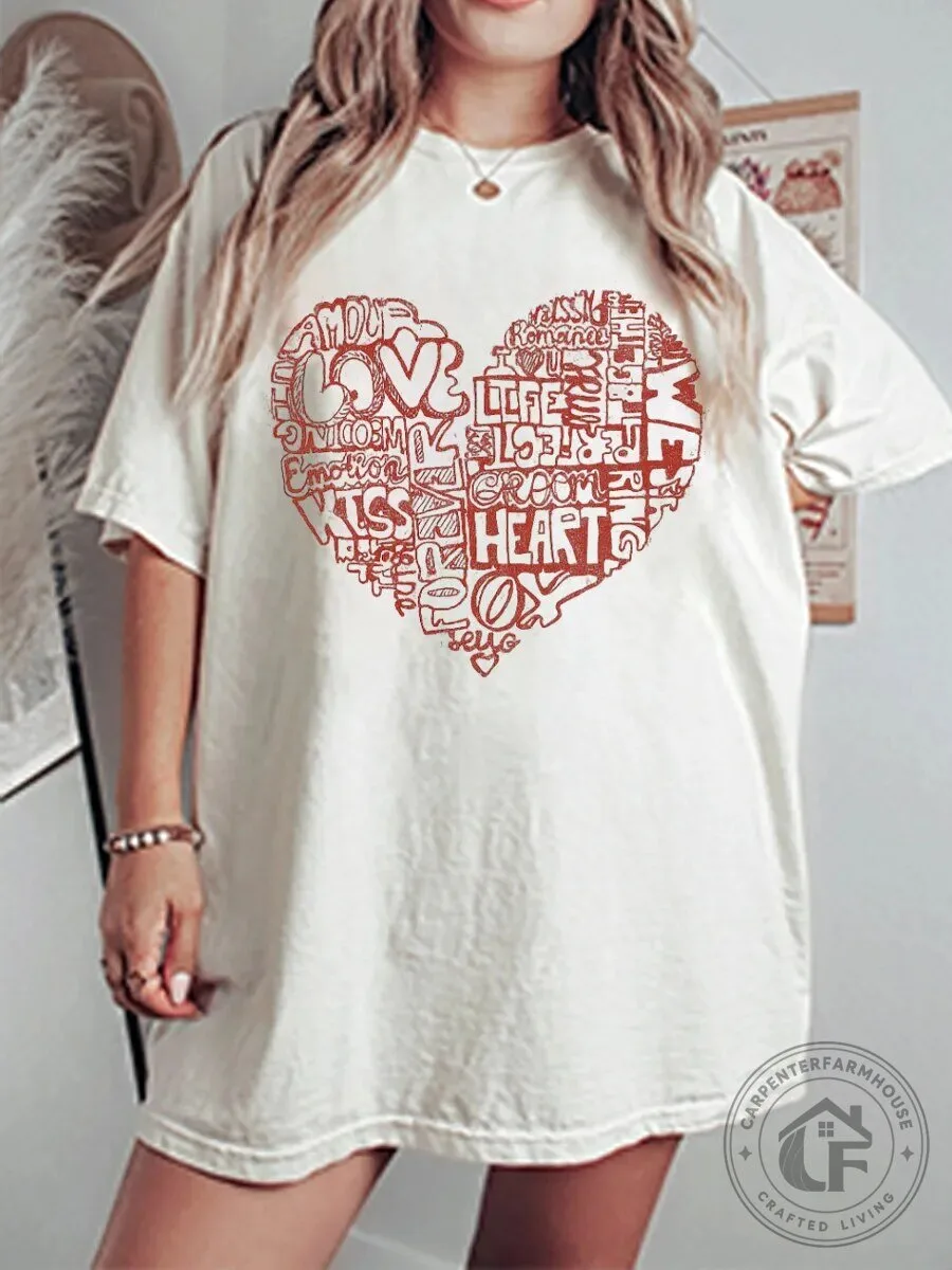 Romantic Love Heart Word Art Graphic Oversized Cream Short Sleeve T-Shirt