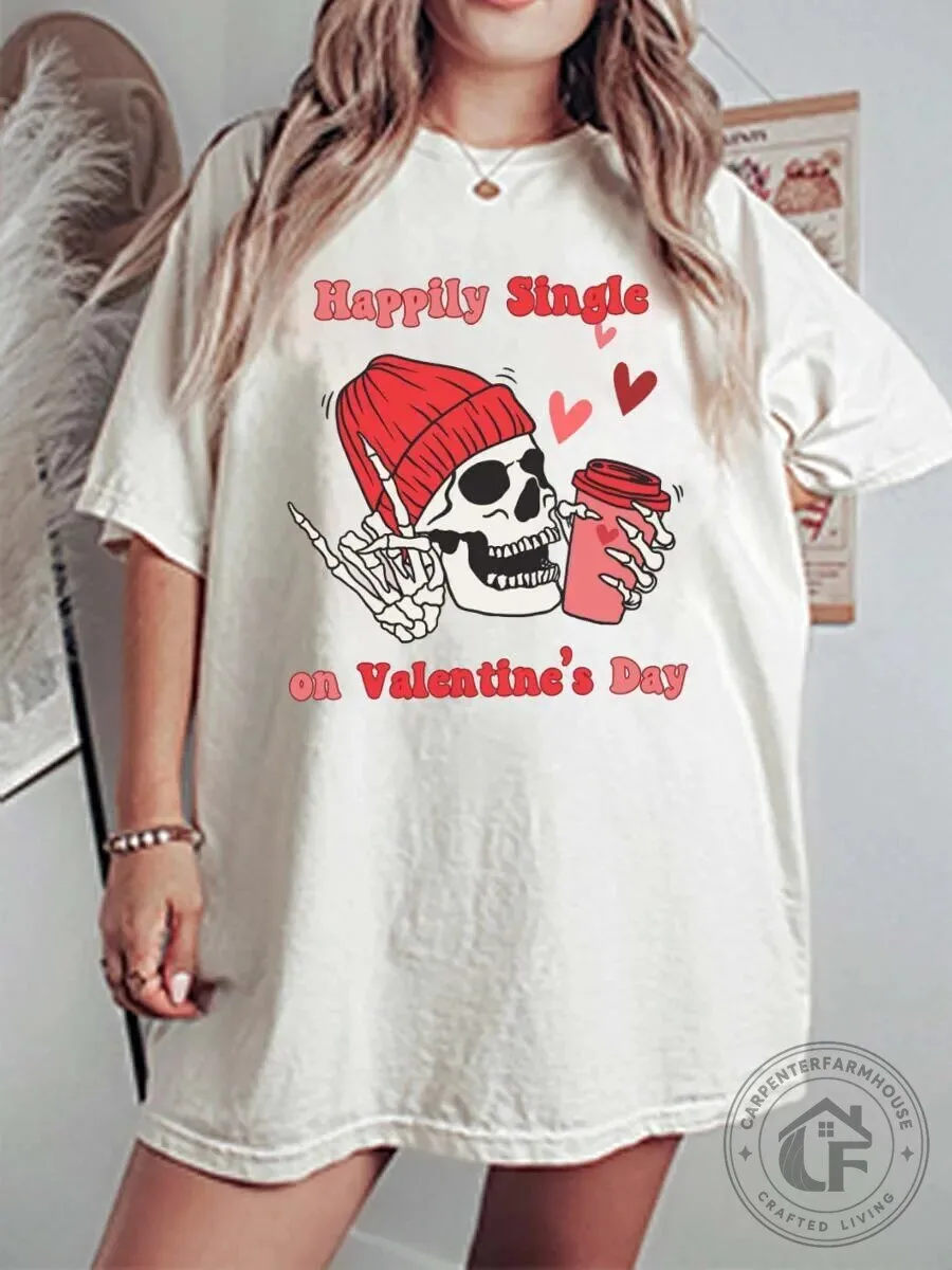 Happily Single On Valentine's Day Skeleton Coffee Lover Graphic T-Shirt