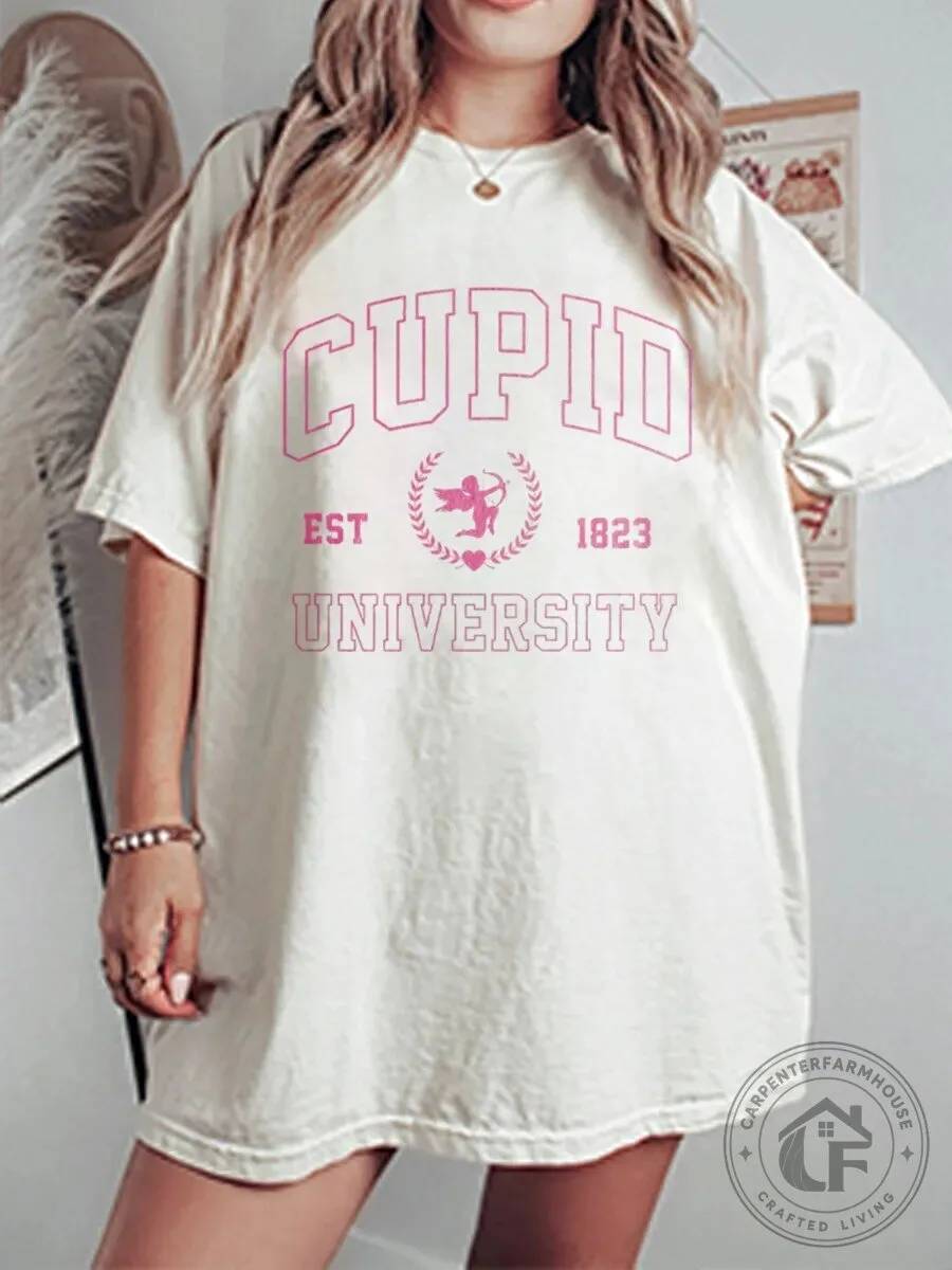 Vintage Cupid University Oversized Graphic T-Shirt for Valentine's Day