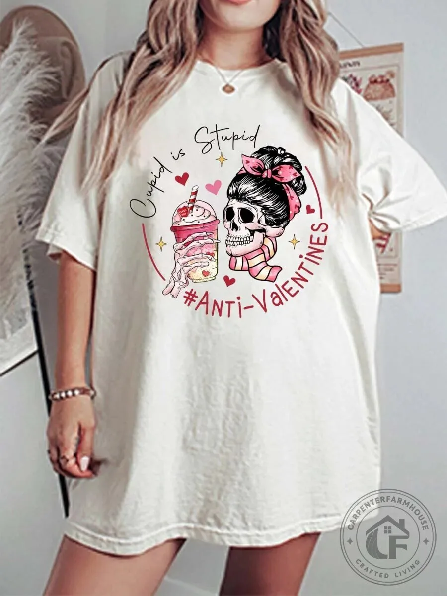 Anti-Valentines Day Cupid Is Stupid Skull Graphic T-Shirt